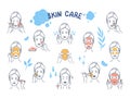 Hand drawn face care. Doodle skin facial mask and protection infographic elements, girl cartoon character. Vector