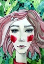 Hand-drawn face of a woman with leaves abd berries watercolor illustration. Girl with pink hair
