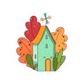 Hand drawn fairy house with windmill on roof, surrounded by plants. Vector in kid s cartoon style. Line doodle design