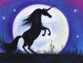 Hand drawn fairy landscape with dark silhouette of reared unicorn against huge full moon on blue and purple starry sky. Magic Royalty Free Stock Photo