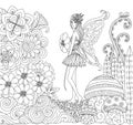 Hand drawn fairy walking in the flowers land for coloring book for adult Royalty Free Stock Photo