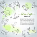 Hand drawn farm animals background. Farming illustration. Farm fresh text. Hand sketched goose, rooster, chicken