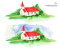 Watercolor rural house. House with red roof