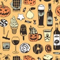 Hand drawn fashion background. Creative ink art work. Actual vector seamless pattern. Halloween set: wine, beer, candy, pumpkin, p