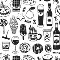 Hand drawn fashion background. Creative ink art work. Actual vector seamless pattern. Halloween set: wine, beer, candy, pumpkin, p