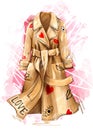 Hand drawn fashion coat poster with pink lines on background. Beige classic coat drawing with love. Beautiful illustration of