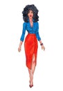 Hand drawn fashion girl illustration. Fashion model in orange skirt. stylish outfit. Cartoon female character.