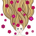 Hand drawn fashion girl like forest fairy with long hair and flo Royalty Free Stock Photo