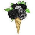 Hand Drawn Fashion Illustration - Black Roses Cone Flower Bouquet - Illustration