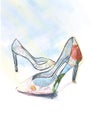 Hand-drawn fashion illustration of high heeled shoes, with botanical pattern. . Footwear shop logo
