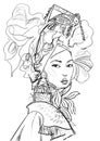 Hand-drawn fashion illustration of imaginary faceless Asian beautiful model, with accessories