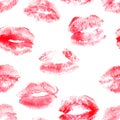 Hand drawn fashion illustration lipstick kiss. Female seamless pattern with red lips. Romantic background