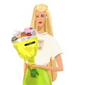 Hand-drawn fashion illustration of a long hair blondie girl, with a bouquet of flowers