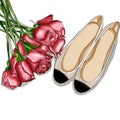 Hand Drawn Fashion Illustration - Rose Bouquet and a pair of ballerina shoes