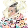 Hand-drawn fashion illustration sketch of imaginary glamour model in a multicolor fluffy dress