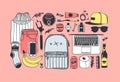 Hand drawn Fashion Illustration What is in my bag. Vector picture casual objects on pink background. Artistic doddle drawing.