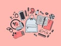 Hand drawn Fashion Illustration What is in my bag. Vector picture casual objects on pink background. Artistic doddle drawing.