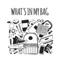 Hand drawn Fashion Illustration What is in my bag. Vector picture casual objects. Artistic School doddle drawing. Creative ink art