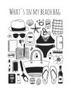 Hand drawn Fashion Illustration What is in my bag. Vector picture Summer casual objects. Artistic Tropical doddle drawing.