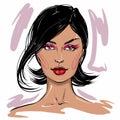 Hand-drawn fashion illustration of woman`s face. Beauty art of girl with pink makeup. Fashion sketch of a young woman portrait Royalty Free Stock Photo