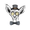 Hand Drawn Fashion Portrait of lemur Hipster with old glasses,ha Royalty Free Stock Photo