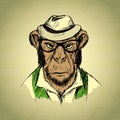 Hand Drawn Fashion Portrait of Monkey Hipster