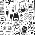 Hand drawn Fashion Seamles pattern with Romantic Objects. Creative ink art work. Actual vector drawing of Holiday things. Happy