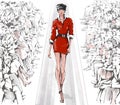 Hand drawn fashion show with stylish model and audience. Fashion runway. Haute couture. Beautiful young woman walking. Royalty Free Stock Photo