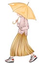 Hand drawn fashion sketch girl with umbrella. A long sweater and a pleated gold skirt. Fashion art woman in a skirt and sneakers