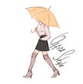 Hand drawn fashion sketch girl with umbrella. Office style woman walking under beige umbrella. Handmade drawing profile of a girl