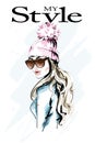 Hand drawn fashion woman in knitted hat with fur pompom. Stylish beautiful young woman portrait. Cute girl in winter clothes. Royalty Free Stock Photo