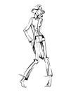 Hand drawn fashion young woman on white isolated background. Girl model one line drawing art sketch. Lady in female tailcoat, suit