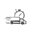 Hand drawn fast delivery truck icon, express delivery, quick move, line symbol on white background vector