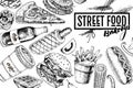 Hand drawn fast food banner. Street food bakery. Burger, hot dog, french fries, pizza, coffee, soda, bagel, donut