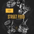 Hand drawn fast food banner. Street food creative flyer. Burger, soda, bagel, french fries, coffee and donut, wheat Royalty Free Stock Photo