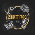 Hand drawn fast food banner. Street food creative flyer.Burger, soda, tomato, bagel, wheat barrels and olives