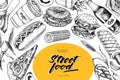 Hand drawn fast food banner. Street food bakery. Burger, hot dog, french fries, pizza, coffee, soda, bagel, donut