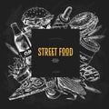 Hand drawn fast food banner. Street food bakery. Burger, hot dog, french fries, pizza, coffee, soda, bagel, donut Royalty Free Stock Photo