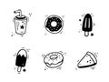 Hand drawn fast food desserts icons. Sketch of snack elements. Fast food illustration collection in doodle style. Royalty Free Stock Photo