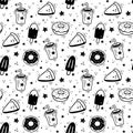 Hand drawn fast food desserts pattern. Sketch of sweet snack elements. Fast food illustration collection in doodle style Royalty Free Stock Photo