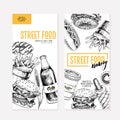 Hand drawn fast food flyers. Street food creative banner.Burger, soda, fries, bagel, donut, hot dogs. engraved vector