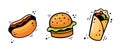 Hand drawn fast food icons. Sketch of Hot dog, Hamburger, Doner Kebab. Fast food illustration in doodle style. Royalty Free Stock Photo