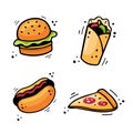 Hand drawn fast food icons. Sketch of Hot dog, Hamburger, Pizza, Doner Kebab. Fast food illustration in doodle style. Royalty Free Stock Photo