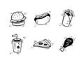 Hand drawn fast food icons. Sketch of snack elements. Fast food collection. Fast food illustration in doodle style. Royalty Free Stock Photo