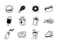 Hand drawn fast food icons. Sketch of snack elements. Fast food collection. Fast food illustration in doodle style. Royalty Free Stock Photo