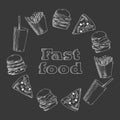 Hand drawn fast food illustration. Soda, pizza, burger and french fries drawing Royalty Free Stock Photo