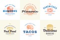 Hand drawn fast food logos and labels with modern vintage typography retro style set vector illustration. Royalty Free Stock Photo