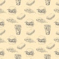 Hand drawn fast food pattern. Burger, pizza, french fries detailed illustrations. Great for restaurant menu or banner Royalty Free Stock Photo