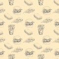 Hand drawn fast food pattern. Burger, pizza, french fries detailed illustrations. Great for restaurant menu or banner Royalty Free Stock Photo