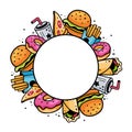 Hand drawn fast food round frame, copy space. Doodle Fast food circular frame. Fast food illustration in doodle style. Royalty Free Stock Photo